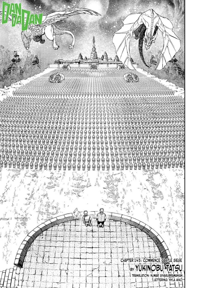 Momo and Zuma stand on a tower facing vast armies, five ground beasts, and two flying monsters they must defeat.